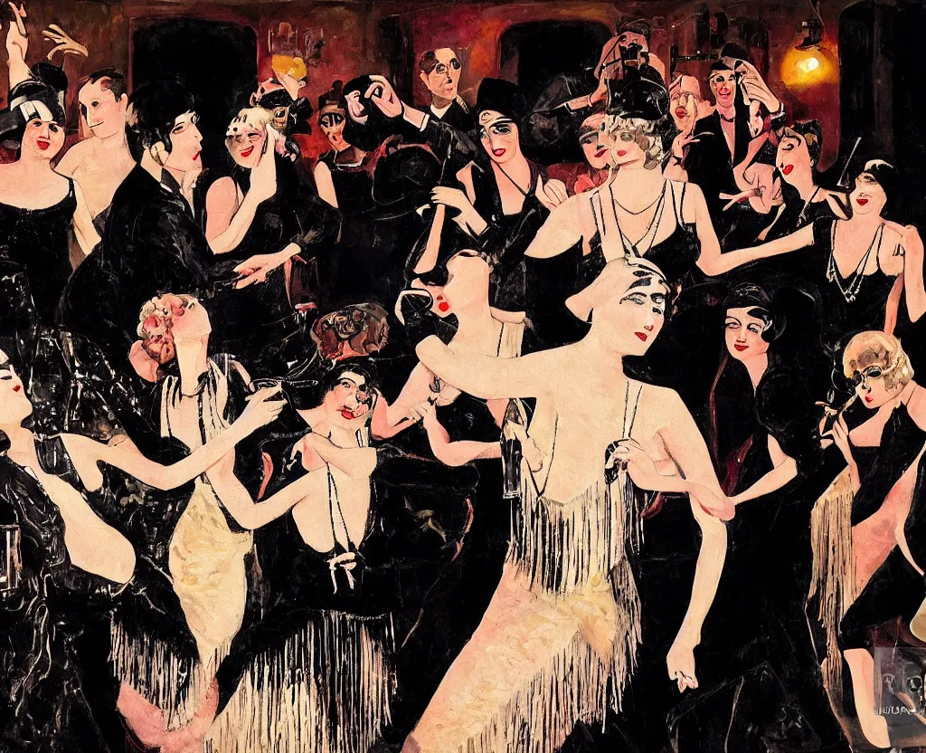 Prompt: realistic painting of a 1 9 2 0 s short - haired flapper woman in black satin gloves dancing with others surrounding her in the center of a party in a dimly lit speakeasy, jazz age, precise, wide lens photography, cohesive, stylistic, cinematic, low - lighting