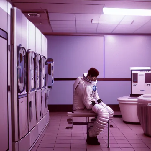 Image similar to a beautiful photo of an astronaut waiting in a laundromat, soft light, morning light, photorealistic, realistic, octane, 8k, cinematic shot