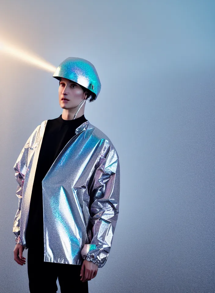 Image similar to an ultra high definition professional studio quality photograph of an artificially intelligent android influencer with silver skin wearing a transparent iridescent pastel coloured visor and matching wavey raincoat on white hook in a sheer icelandic black rock environment. three point light. dramatic lighting. volumetric shadows. light rays