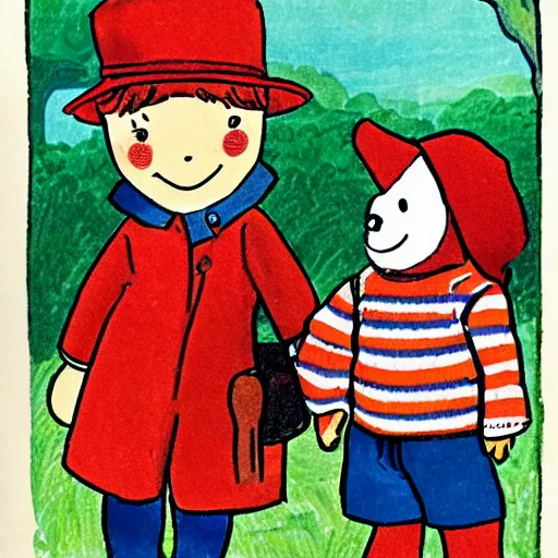 Prompt: an illustration from a children's book featuring paddington bear and pippi