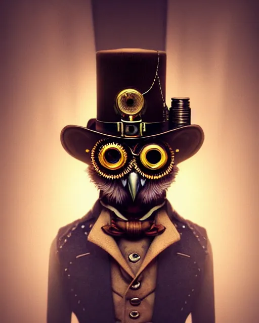 Image similar to steampunk male owl portrait, handsome, steampunk hat, detective coat, steampunk monocle, hyper realistic 3 d render by ilya kuvshinov, peter mohrbacher, greg rutkowski, ryohei hase, dramatic lighting, intricate, highly detailed, sharp focus, luminous, unreal engine, blender, deviant art, masterpiece, ray tracing