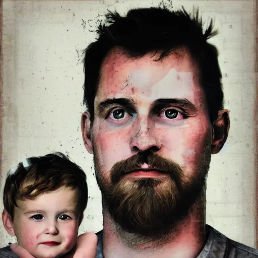 Prompt: detailed minimalist half-lenght mixed media portrait of a father with child. digital collage with many flemish barouque elements. soft matte pastel tones. matte background. HD 8x