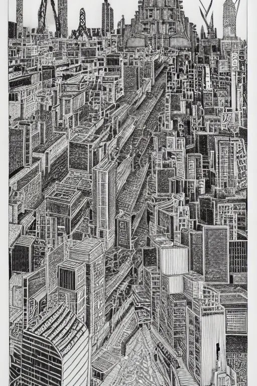 Image similar to a black and white drawing of a temple cityscape, a detailed mixed media collage by hiroki tsukuda and eduardo paolozzi and moebius, intricate linework, sketchbook psychedelic doodle comic drawing, geometric, street art, polycount, deconstructivism, matte drawing, academic art, constructivism