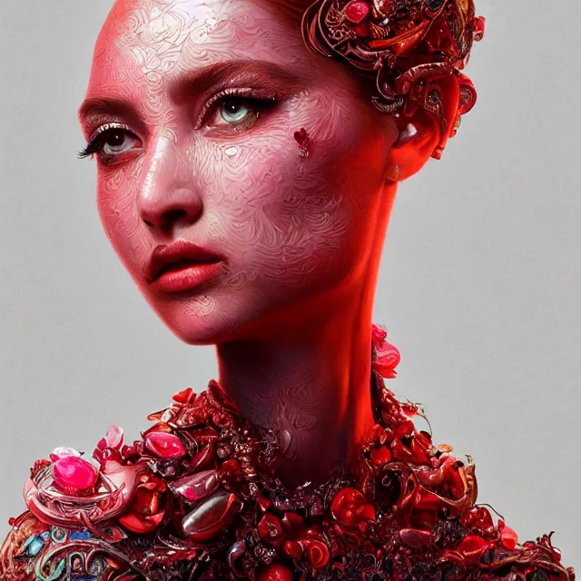 Image similar to studio portrait of absurdly beautiful, elegant, young hypercolorful woman made of rubies and red gems, ultrafine hyperrealistic detailed face illustration by kim jung gi, irakli nadar, intricate linework, sharp focus, bright colors, matte, octopath traveler, final fantasy, unreal engine highly rendered, global illumination, radiant light, intricate environment