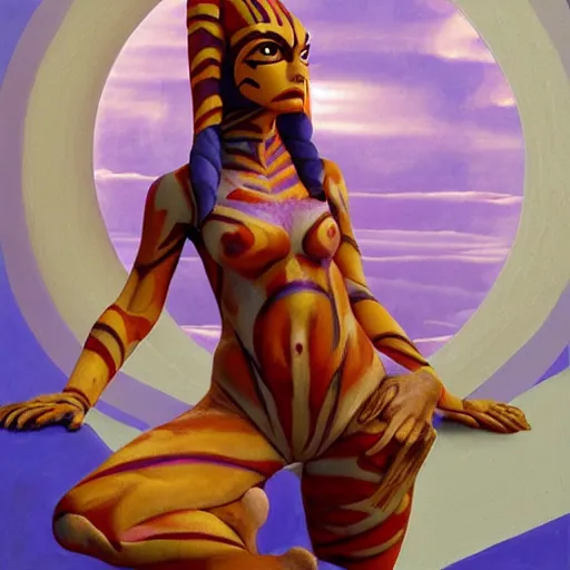 Prompt: beautiful_petite_sunset_of_ahsoka tano clone wars alien body Paint toned full body Grand Odalisque_intricate_oil_paintingby Jo hn_William_Godward_by_Anna_Dittman_golden our body by J-H 768-C2.0