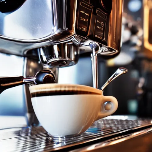 Image similar to close up realistic detailed photo of an expensive espresso machine in a cozy coffee shop, hdr, depth of field, chrome, reflections, volumetric lighting