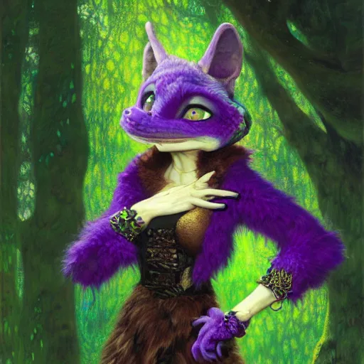 Image similar to a portrait of a female purple reptile in goth clothes at night in a dark forest. zootopia fursona furaffinity furry art detailed face painting by gaston bussiere craig mullins jc leyendecker gustav klimt artgerm greg rutkowski furry