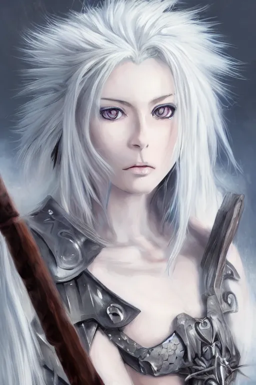 Prompt: beautiful semi realistic anime portrait of a gorgeous female barbarian with white hair, pale blue eyes, looking at camera, D&D, fur cape, full body plated armor, long wild spiky hair, cocky smirk, intricate outfit, elegant, stylish, fantasy, dark fantasy, epic fantasy, extremely detailed, digital painting, artstation, concept art, HD, 8k, smooth, sharp focus, illustration, stunning lighting, art by artgerm and Krenz Cushart and Yoshitaka Amano and Frank Frazetta, fully clothed, fully dressed