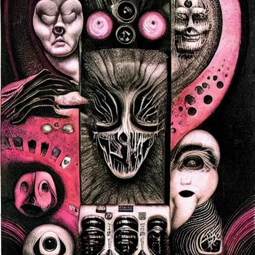 Prompt: post - punk new age album cover, asymetrical design, magic, apocalypse, psychedelic, black white pink, magic, giger h. r., giuseppe arcimboldo