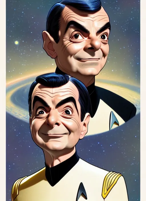 Image similar to cute star trek officer mr bean, natural lighting, path traced, highly detailed, high quality, digital painting, by don bluth and ross tran and studio ghibli and alphonse mucha, artgerm