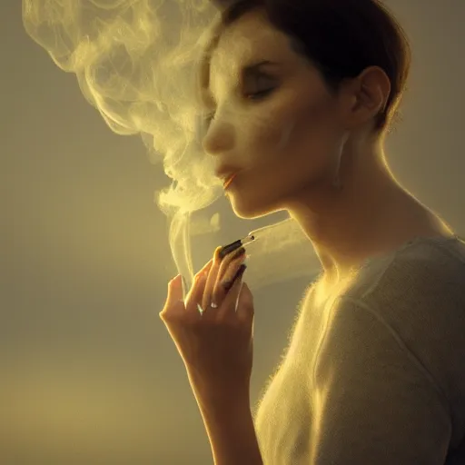 Image similar to a beautiful photo of a smoking person. smoke. impressionism. matte painting. octane render