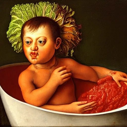 Prompt: a boy sitting in a tub full of tomato sauce, a lot of cabbage, by giuseppe arcimboldo and ambrosius benson, renaissance, fruit, intricate and intense oil paint, realistic