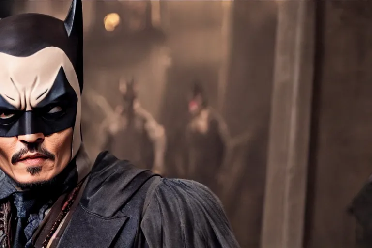 Image similar to film still of Johnny Depp as Batman in The Batman, 4k