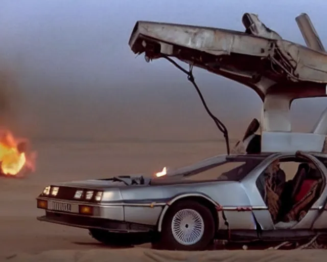 Prompt: doc brown and the delorean in a scene from a mad max movie