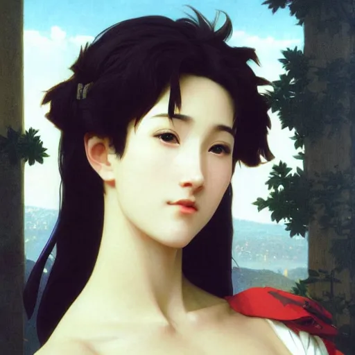 Prompt: A masterpiece head and shoulders portrait of Misato Katsuarig of NGE by William Adolphe Bouguereau and Makoto Shinkai