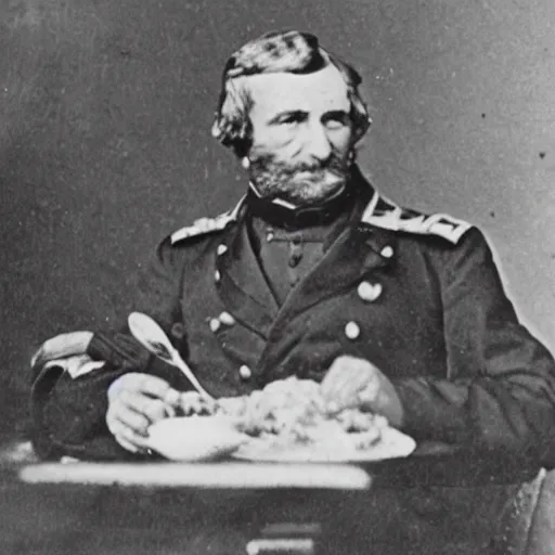 Image similar to a 1 8 5 8 photo of general pitzer a union general eating a large chicken burrito with cheese and salsa