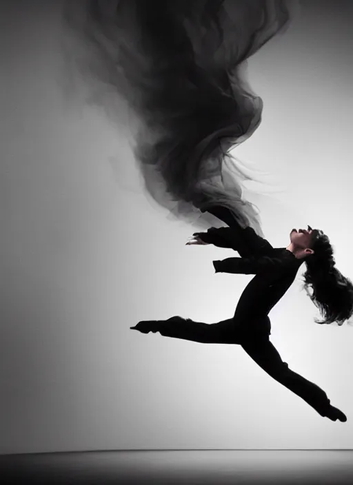 Image similar to a photorealistic dramatic hyperrealistic render of a glamorous beautiful elvis presley by ken brower and deborah ory of nyc dance project, lois greenfield, flowing cloth and smoke, beautiful dynamic dramatic dark moody lighting, volumetric, shadows, cinematic atmosphere, octane render, 8 k