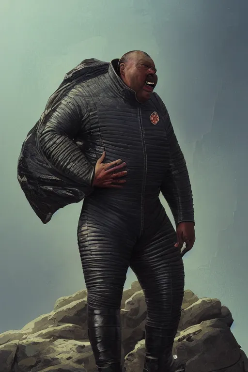 Prompt: portrait of a black man as baron harkonnen wearing leather spacesuit, standing on rocky outcrop, detailed, illustration by normal rockwell, artstation character art, adebanji alade, concept art, greg rutkowski