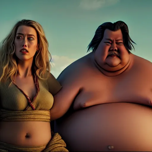 Image similar to super fat Amber Heard and Johnny Depp are Sumo fighting, artstation, matte painting, highly detailed, intricate, concept art, dramatic cinematic lighting, octane render, 8k, unreal engine