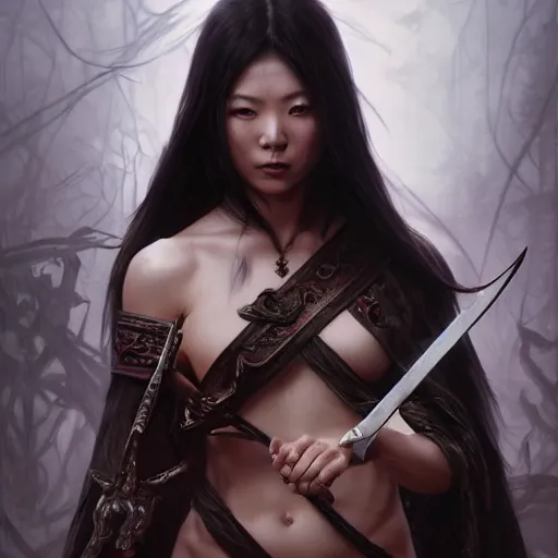 Image similar to painting of dark muscular oiled chinese woman, bloody, carrying a sword, symmetric, ultra realistic, concept art, intricate details, eerie, highly detailed, photorealistic, octane render, 8 k, unreal engine. art by artgerm and greg rutkowski and alphonse mucha