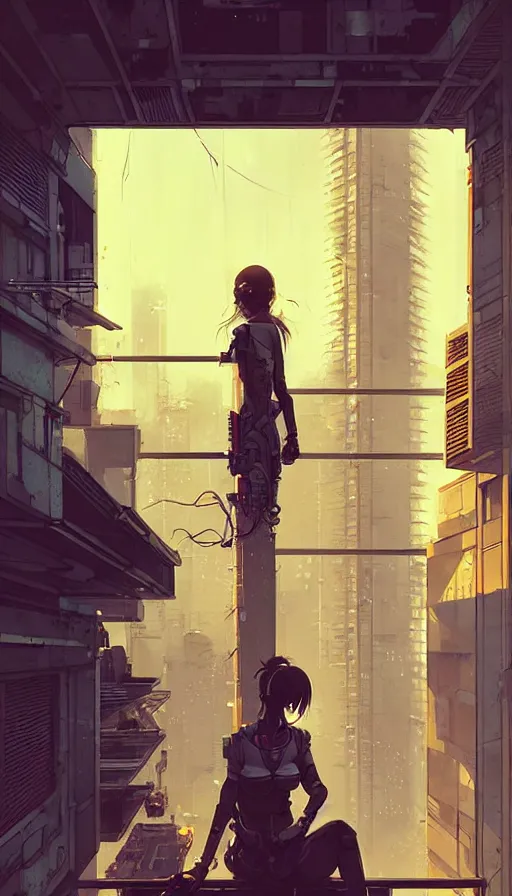 Image similar to hyper - realistic portrait of cyberpunk tokyo balcony in style of atey ghailan, by greg rutkowski, by greg tocchini, by james gilleard, by joe fenton, by kaethe butcher, dynamic lighting, gradient light yellow, brown, blonde cream and white color scheme, grunge aesthetic