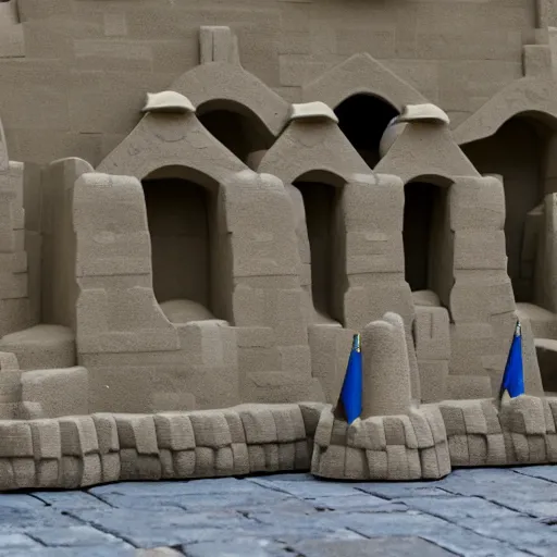 Prompt: full - size buzzbee guards outside tower of london sandcastle, tiltshift
