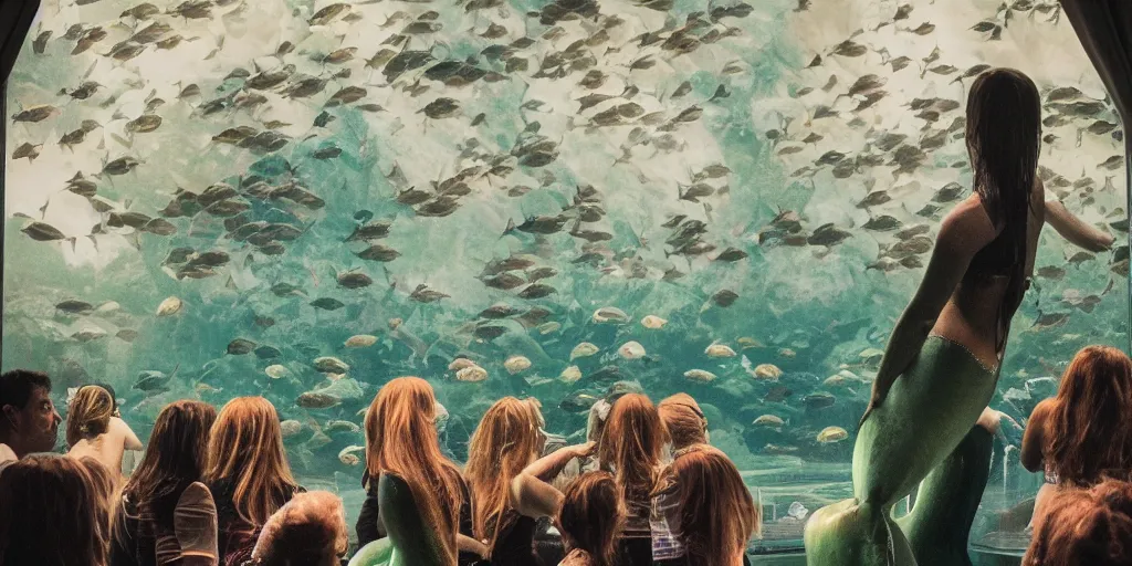 Prompt: A mermaid in an aquarium looking out at a crowd, moody, lonely