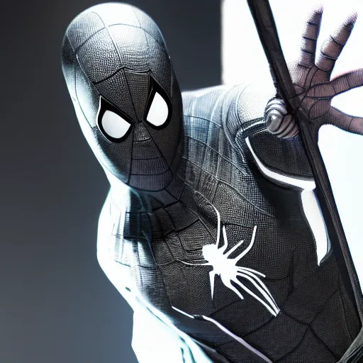 Image similar to black spider - man suit with white web lining, cinematic, volumetric lighting, realistic, hyperdetailed, photorealistic, photograph