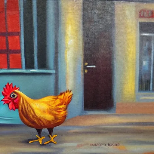 Prompt: the funky chicken gets thrown out of a bar. oil painting in the style of vermeers