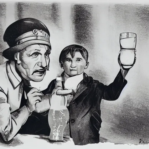 Image similar to communist man drinking champagne, hungry child next to him, soviet propaganda style