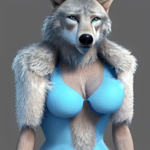 Image similar to 3 d render, well toned, large and tall, female, anthropomorphic wolf with a short snout, furless, blue scales with white spots, icey blue dress, scales covering her chest.