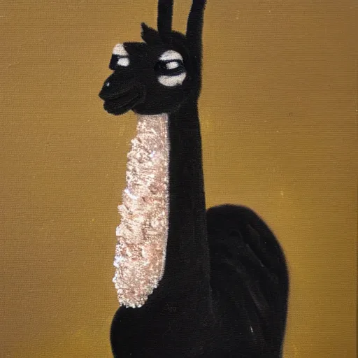 Image similar to an oil painting of a llama wearing fancy dress