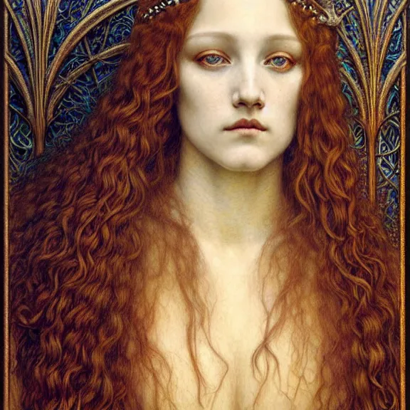 Image similar to detailed realistic beautiful young medieval queen face portrait by jean delville, gustave dore and marco mazzoni, art nouveau, symbolist, visionary, gothic, pre - raphaelite. horizontal symmetry