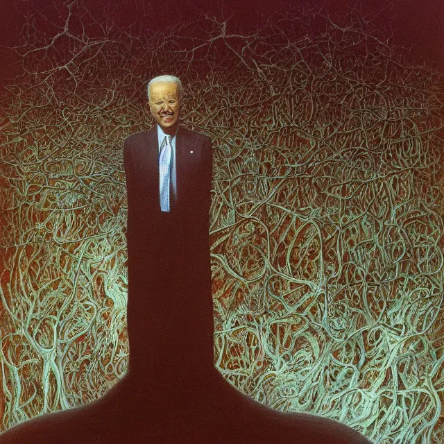 Prompt: an oil on canvas portrait painting of joe biden at the white house, surrealism, surrealist, cosmic horror, rob gonsalves, beksinski, high detail