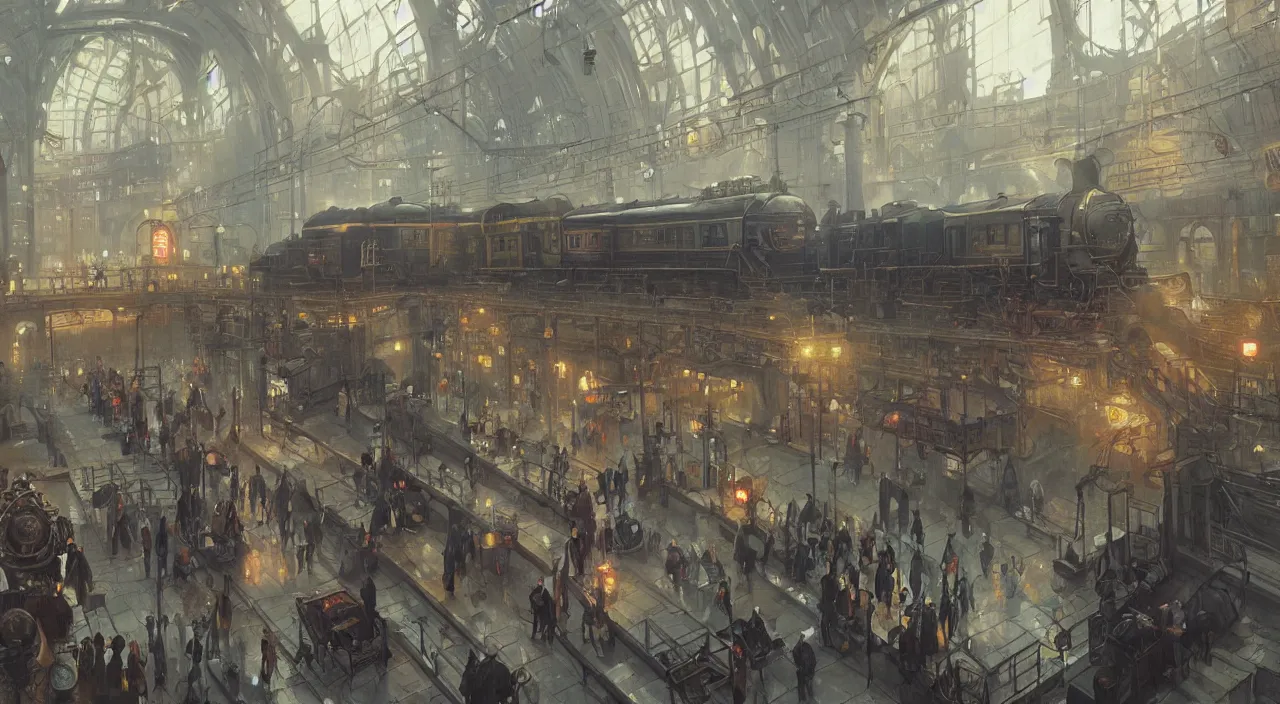 Image similar to subway station with an arriving steam train, highly detailed, digital painting, artstation, concept art, smooth, sharp focus, steampunk illustration, art by greg rutkowski and alphonse mucha