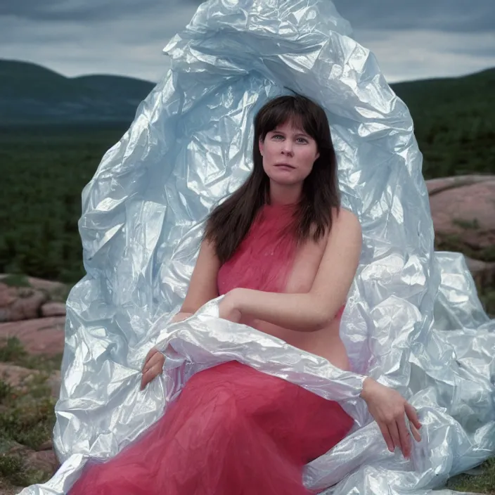 Image similar to a color photograph, closeup portrait of a woman wrapped in plastic, sitting in a plastic throne, in acadia national park in maine, color photograph, by vincent desiderio, canon eos c 3 0 0, ƒ 1. 8, 3 5 mm, 8 k, medium - format print