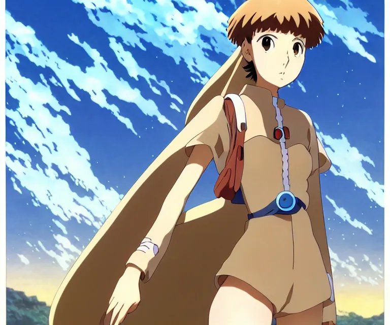 Image similar to anime art full body portrait character nausicaa by hayao miyazaki concept art, anime key visual of elegant young female, short brown hair and large eyes, finely detailed perfect face delicate features directed gaze, valley of the wind and mountains background, trending on pixiv fanbox, studio ghibli, extremely high quality artwork by kushart krenz cute sparkling eyes scenery