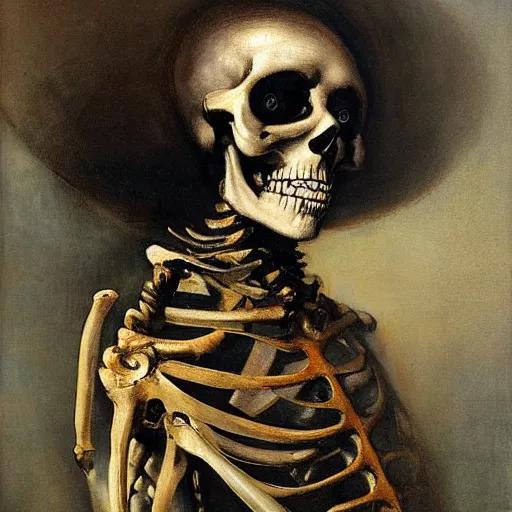 Prompt: cyborg skeleton portrait painted by Rembrandt