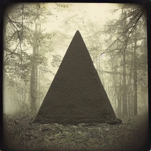 Prompt: a stone pyramid in the middle of a forest clearing, foggy, eerie, creepy, unsettling, lost footage, old polaroid, expired film,