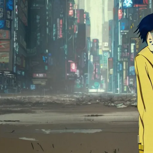 Image similar to incredible wide screenshot, ultrawide, simple watercolor, rough paper texture, ghost in the shell movie scene, backlit distant shot of girl in a parka running from a giant robot invasion side view, yellow parasol in deserted dusty shinjuku junk town, broken vending machines, bold graphic graffiti, old pawn shop, bright sun bleached ground, mud, fog, dust, windy, scary robot monster lurks in the background, ghost mask, teeth, animatronic, black smoke, pale beige sky, junk tv, texture, brown mud, dust, tangled overhead wires, telephone pole, dusty, dry, pencil marks, genius party,shinjuku, koji morimoto, katsuya terada, masamune shirow, tatsuyuki tanaka hd, 4k, remaster, dynamic camera angle, deep 3 point perspective, fish eye, dynamic scene