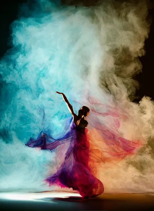 Prompt: a Photorealistic dramatic hyperrealistic render of a beautiful smoke dancer by Ken Brower and Deborah Ory of NYC Dance project,Lois Greenfield,Flowing cloth and smoke colourful acrylic ink drop art, Beautiful dynamic dramatic dark moody lighting,volumetric,shadows,cinematic atmosphere,Octane render,8K