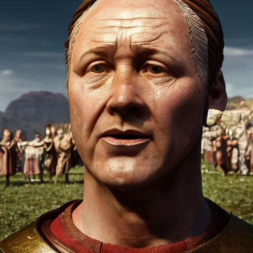 Prompt: limmy brian limond as julius caesar, realistic, wide shot, sunny lighting, octane render, hyper realistic, high quality, highly detailed, hd, beautiful, cinematic, 8 k, unreal engine, facial accuracy,