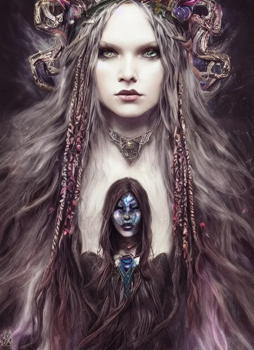 Image similar to mysterious dark and beautiful witch with long hair and a crown, fantasy, medieval, vivid colors, fantasy, elegant, concept art, sharp focus, beautiful face!!, digital art, Hyper-realistic, 4K, Unreal Engine, Highly Detailed, HD, Dramatic Lighting by Brom, trending on Artstation