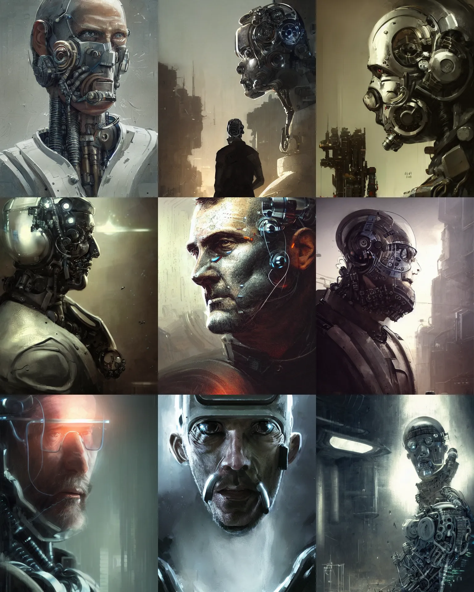 Prompt: a half - masked rugged middle aged laboratory engineer man with cybernetic enhancements as seen from a distance, scifi character portrait by greg rutkowski, esuthio, craig mullins, 1 / 4 headshot, cinematic lighting, dystopian scifi gear, gloomy, profile picture, mechanical, half robot, implants, steampunk