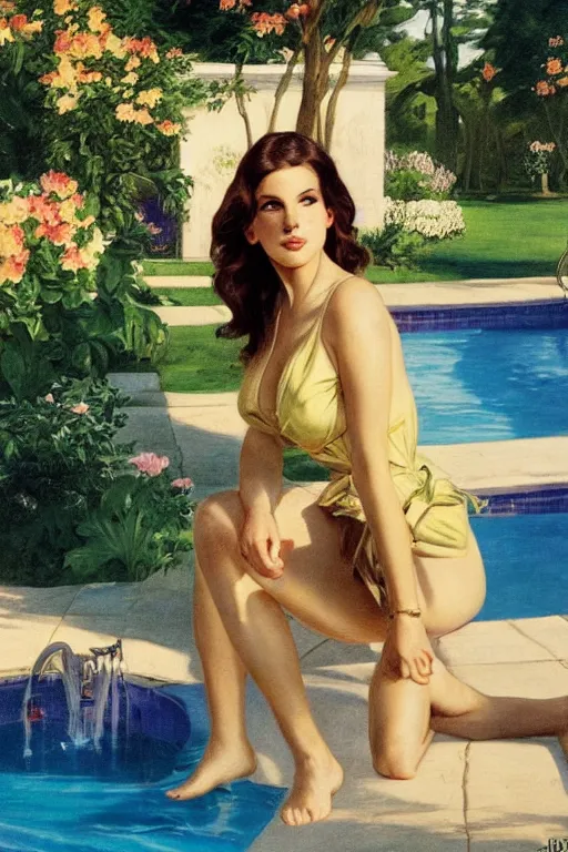 Prompt: Lana del Rey, next to a pool, golden hour, in a garden, artstation, by J. C. Leyendecker and Peter Paul Rubens,