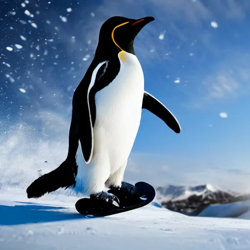 Image similar to ultrawide angle photograph of a snowboarding penguin wearing a helmet and snow goggles. the snowboard is made by burton. extremely detailed hyperrealistic photo, 8 k