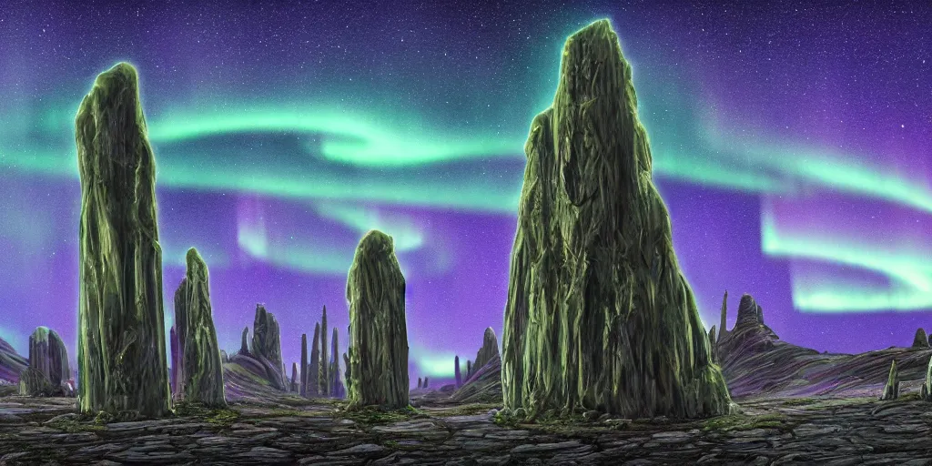 Image similar to highly detailed photoreal eldritch biomechanical rock monoliths, stone obelisks, aurora borealis, psychedelic