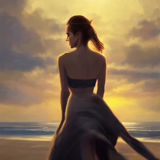 Prompt: portrait of emma watson on the beach at sunset, looking scared, dramatic lighting, high - res, greg rutkowski