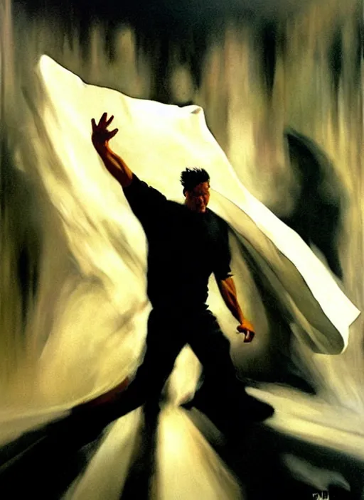 Image similar to zak bagans fighting a ghost, waving white sheet, enraged, painting by phil hale, 'action lines'!!!, graphic style, visible brushstrokes, motion blur, blurry