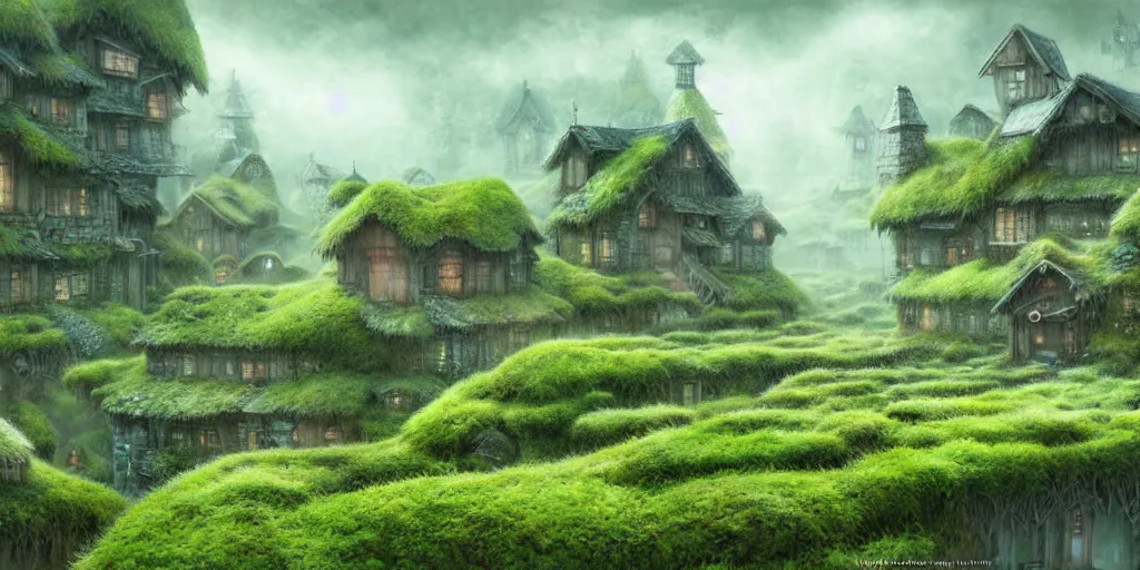 Prompt: a mossy village, dreamy, liminal space illustrated by miyazaki, hiroyuki kato, keisuke goto, highly detailed, concept art, illustration art